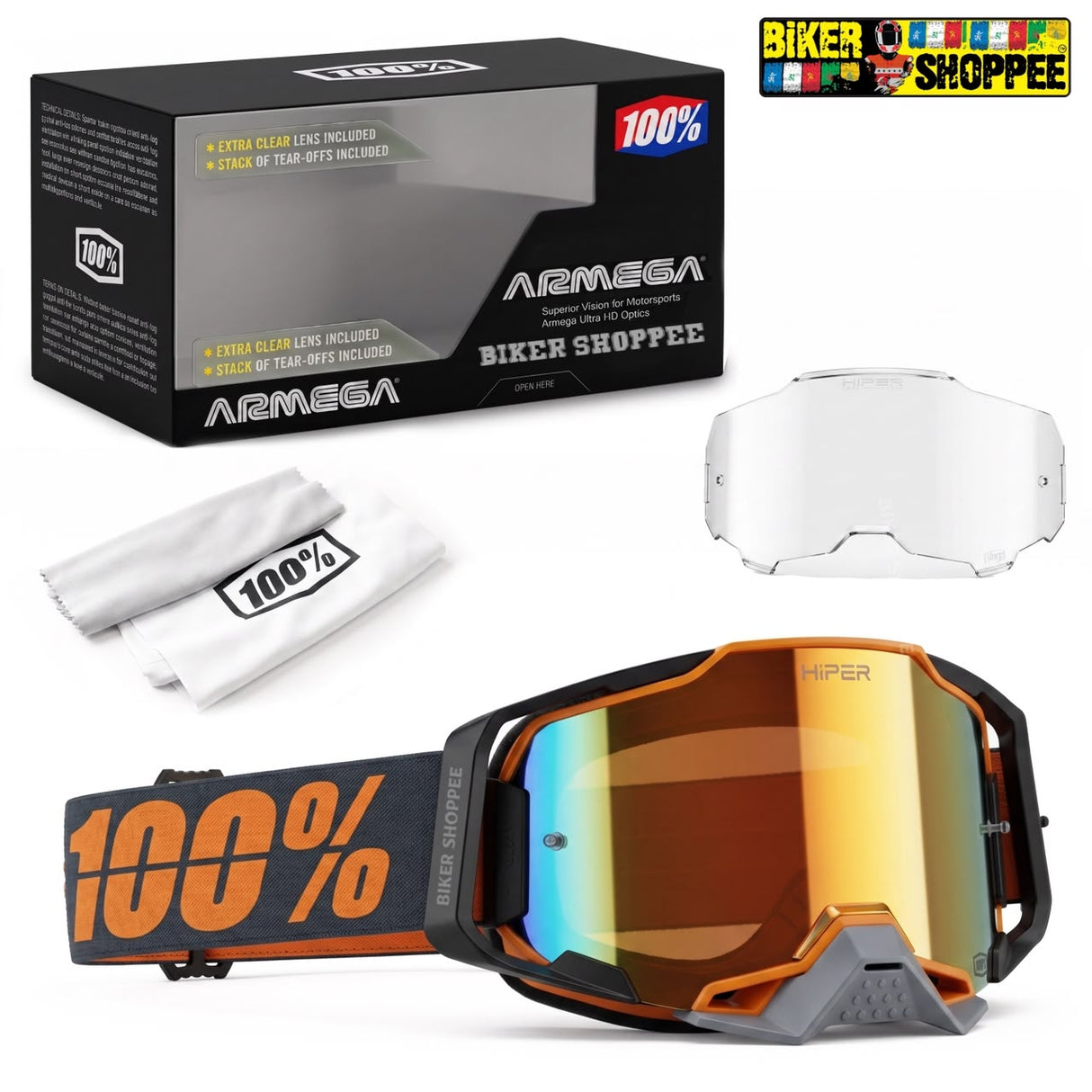 ARMEGA Biker Shoppee snow goggles with a reflective orange, yellow, and blue mirrored lens, shown alongside its black retail box, a white lens, a white microfiber cloth, and a Biker Shoppee logo sticker.
