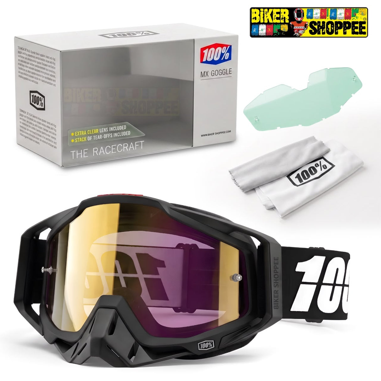 Front view of 100% The Racecraft motocross MX goggles with premium retail packaging box, extra clear lens, and microfiber cleaning pouch available at BIKER SHOPPEE India.