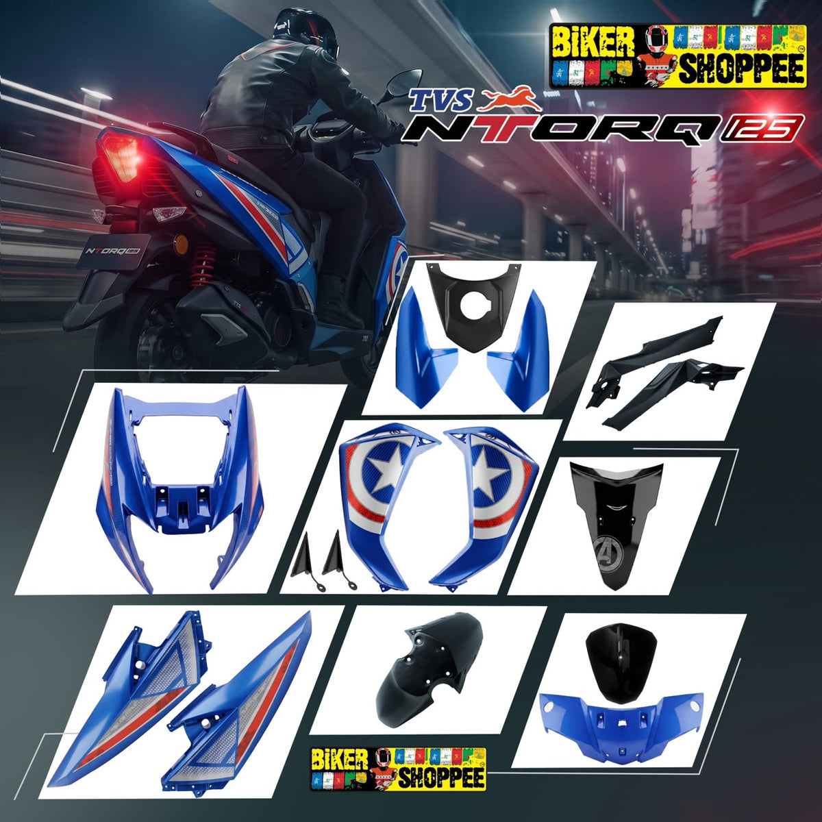 TVS NTROQ 125 OUR BODY KIT CAPTAIN AMERICA SQUAD EDITION | BIKER SHOPPEE