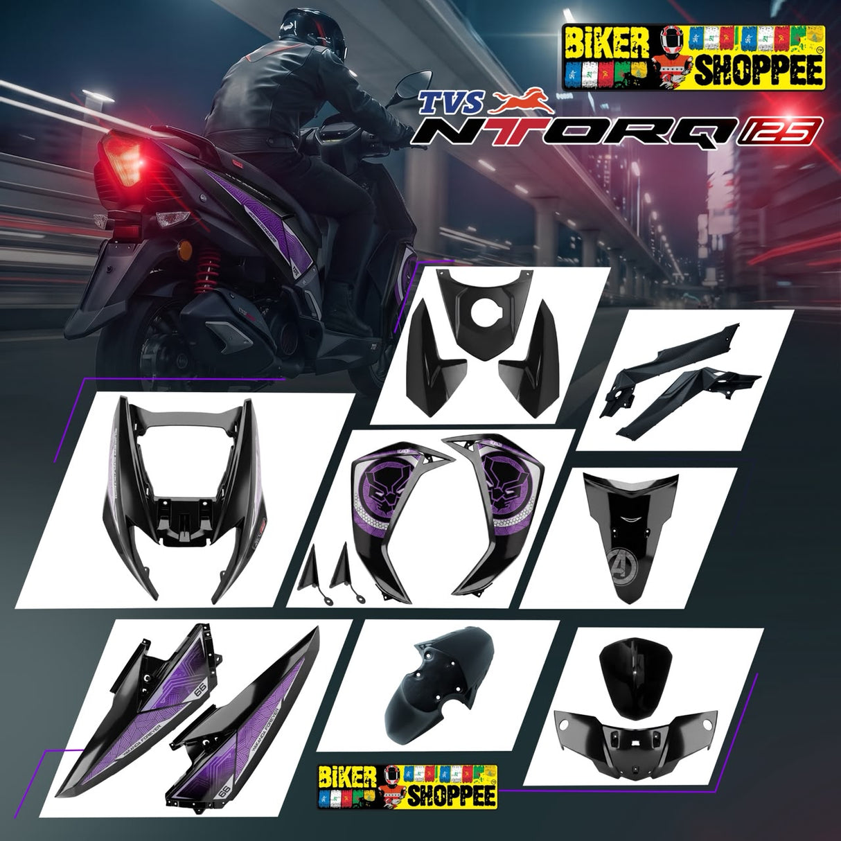 TVS NTROQ 125 OUR BODY KIT BLACK PANTHER SQUAD EDITION | BIKER SHOPPEE