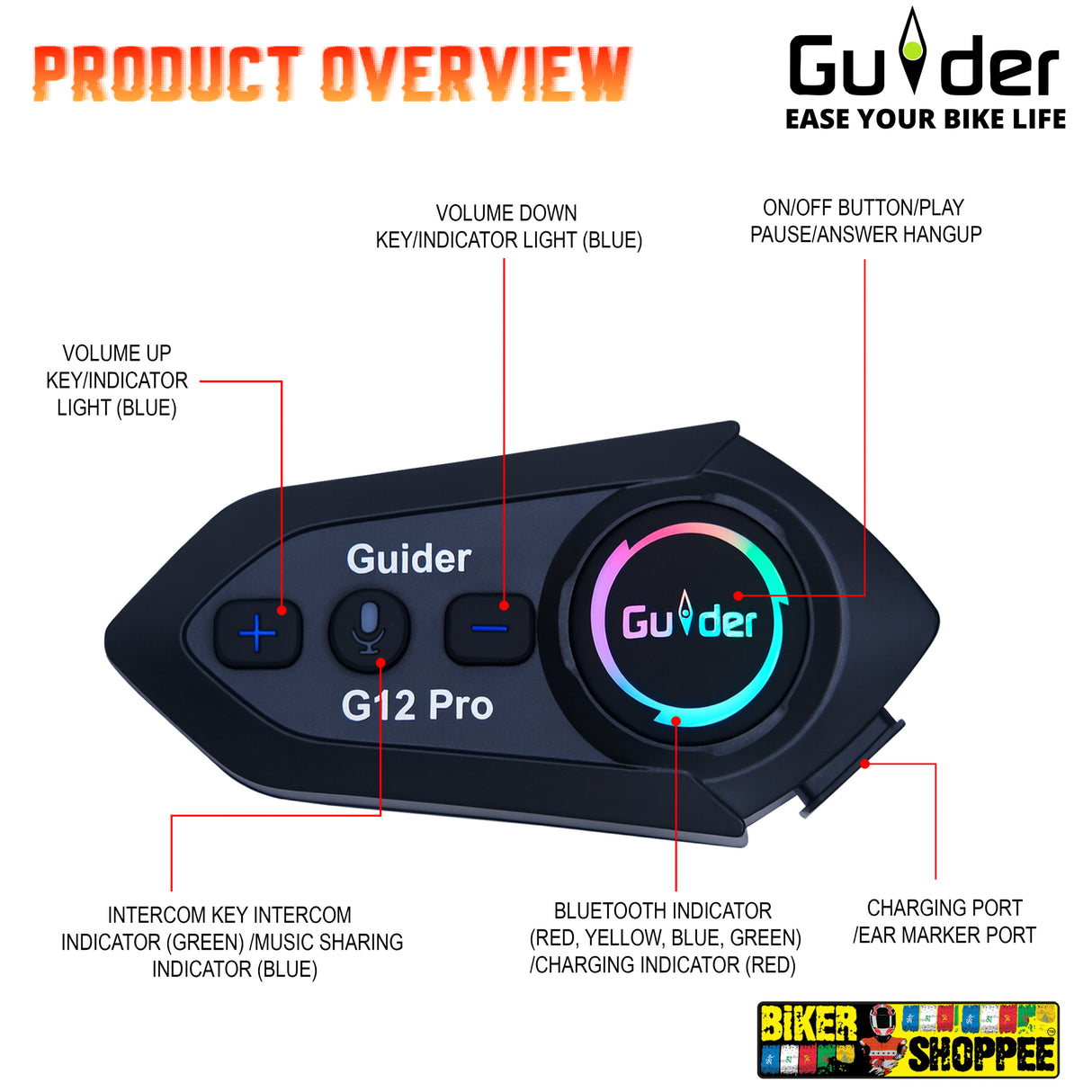 Guider G12 Pro Two Riders motorcycle helmet intercom with RGB light