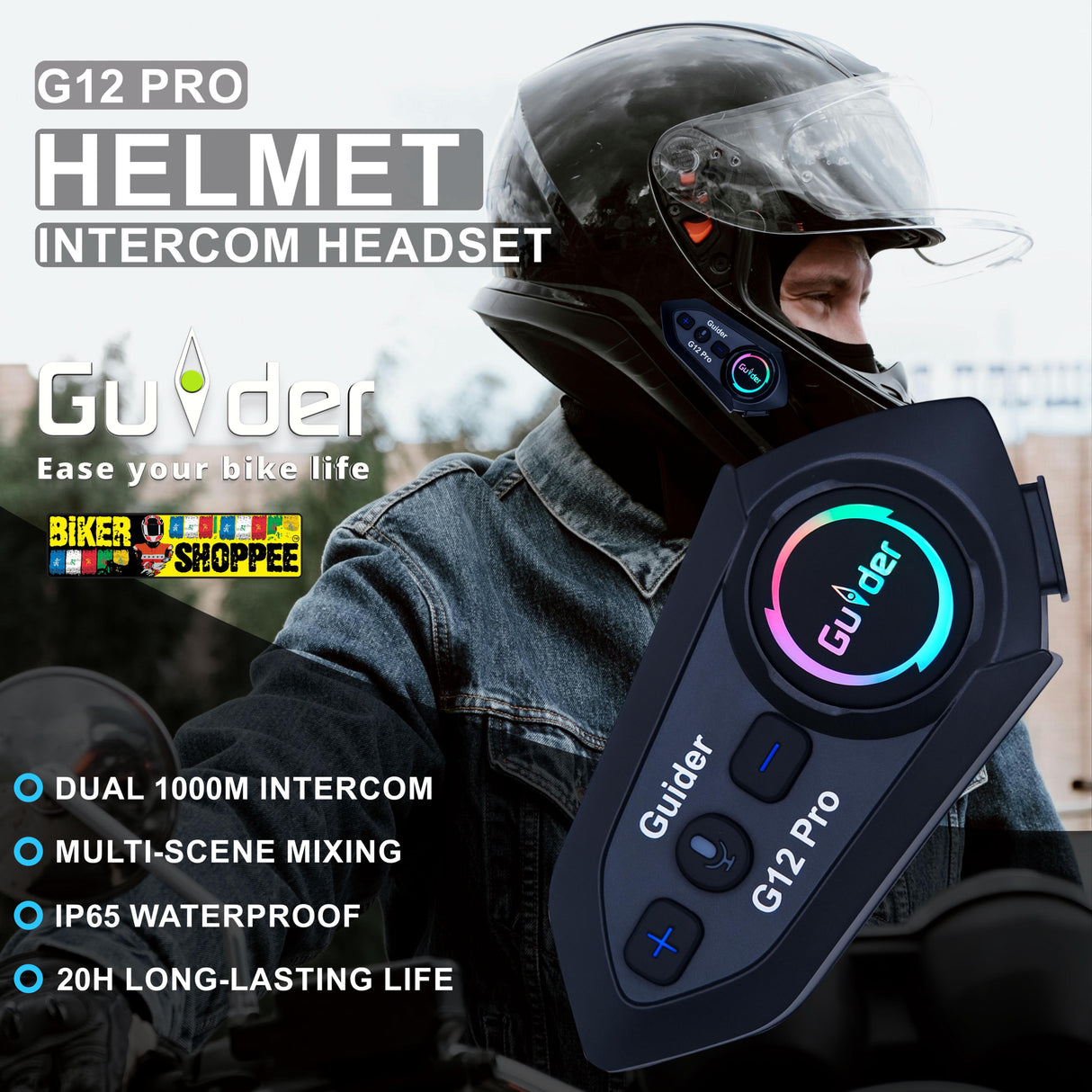 Guider G12 Pro Two Riders motorcycle helmet intercom with RGB light