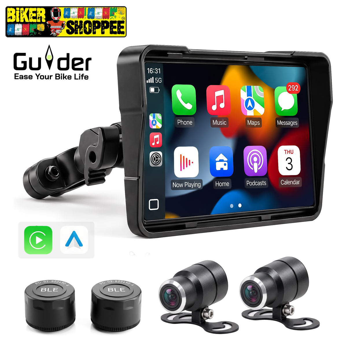 GUIDER 5.8" HD WIRELESS CARPLAY & ANDROID AUTO MOTORCYCLE SMART SYSTEM | DUAL HD DASHCAMS | BLE TIRE PRESSURE MONITORING (TPMS) | IP67 WATERPROOF BIKE TOUCHSCREEN CONSOLE