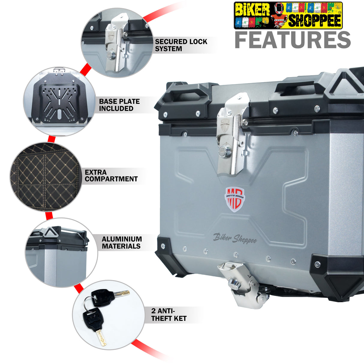 MOTOBROS ALLOY 45L TOP BOX SILVER