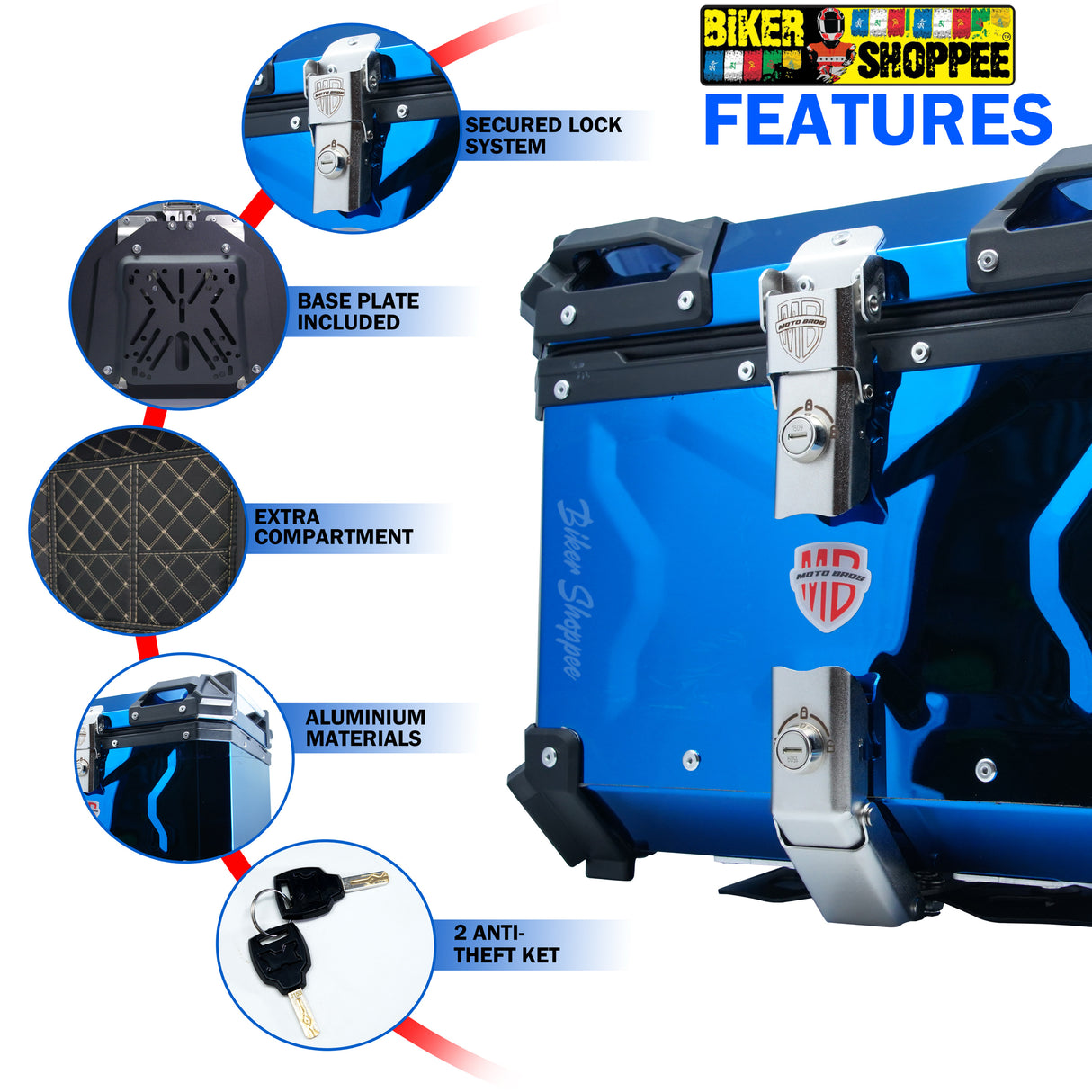 MOTOBROS MOTORCYCLE ALUMINIUM PREMIUM TOP BOX 45L BLUE