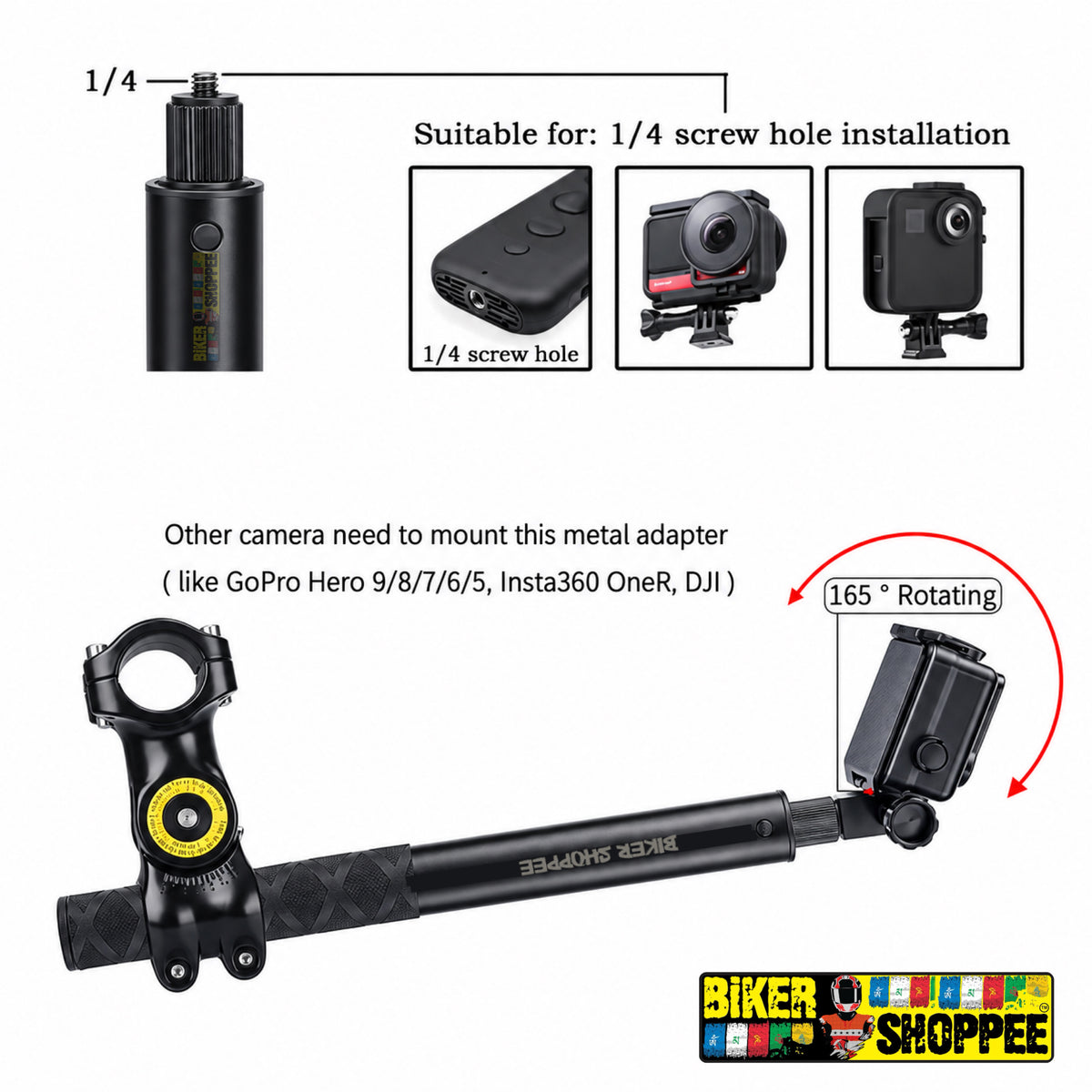 MOTORCYCLE TELESCOPIC SELFIE STICK WITH HANDLEBAR CAMERA MOUNT FOR INSTA360 GOPRO DJI | BIKER SHOPPEE
