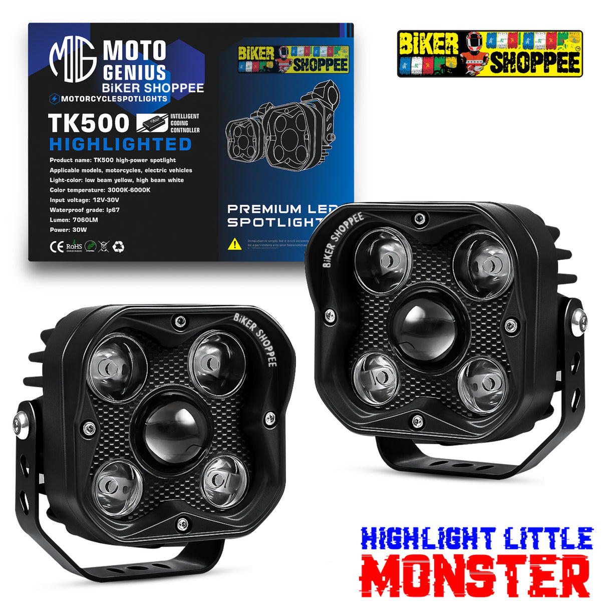 LITTLE MONSTER TK500 OFFROAD 3 INCH LED FOG LIGHT WITH WIREHARNESS AND SWITCH