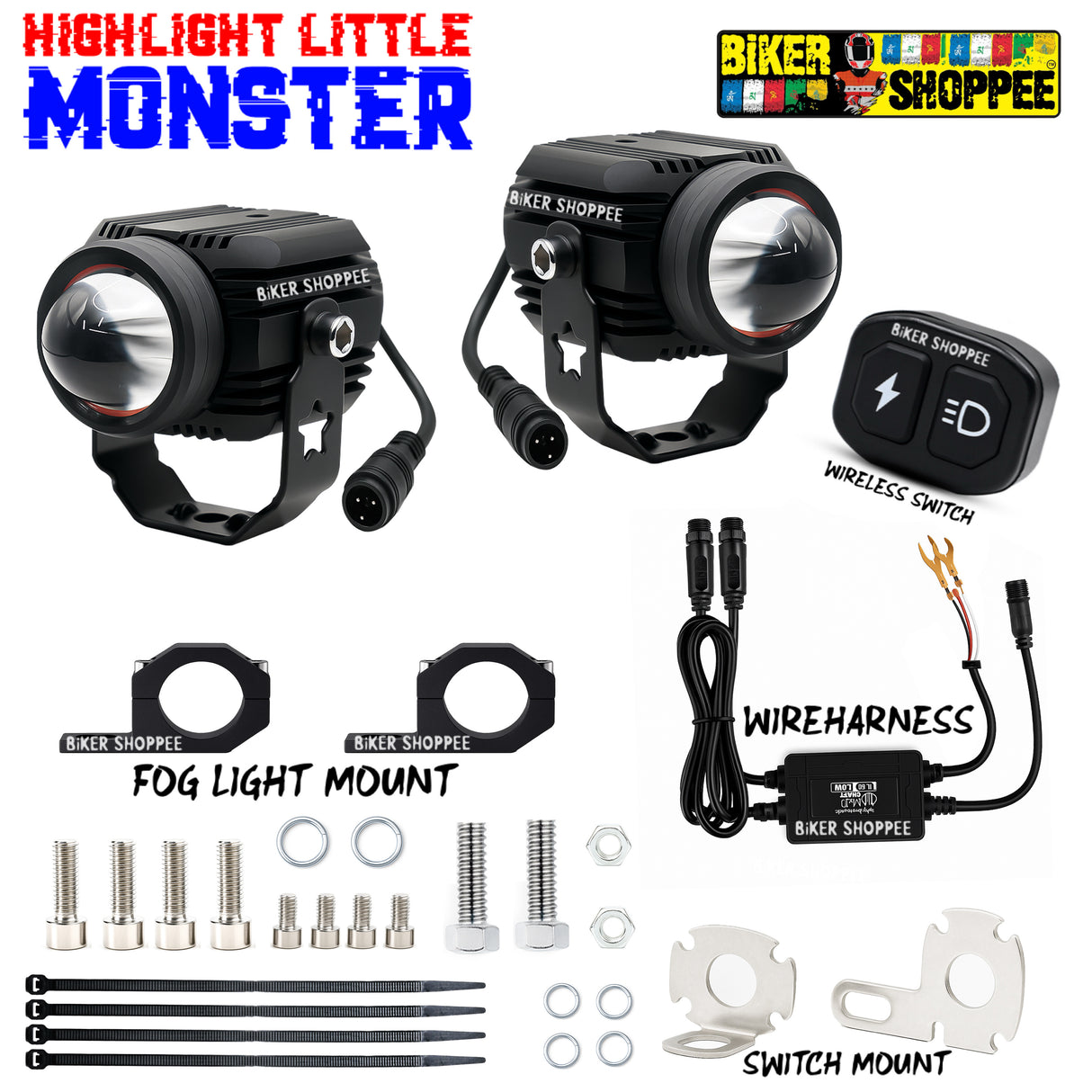LITTLE MONSTER DK16 LED FOG LIGHT WITH WIRING AND WIRELESS SWITCH