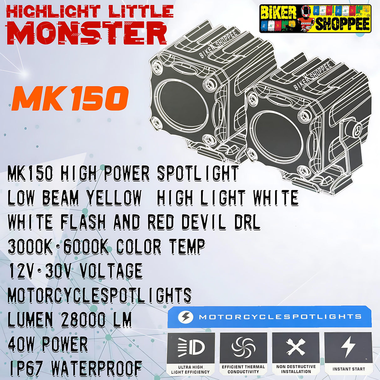 LITTLE MONSTER MK150 LED FOG LIGHT WITH WIRING AND SWITCH