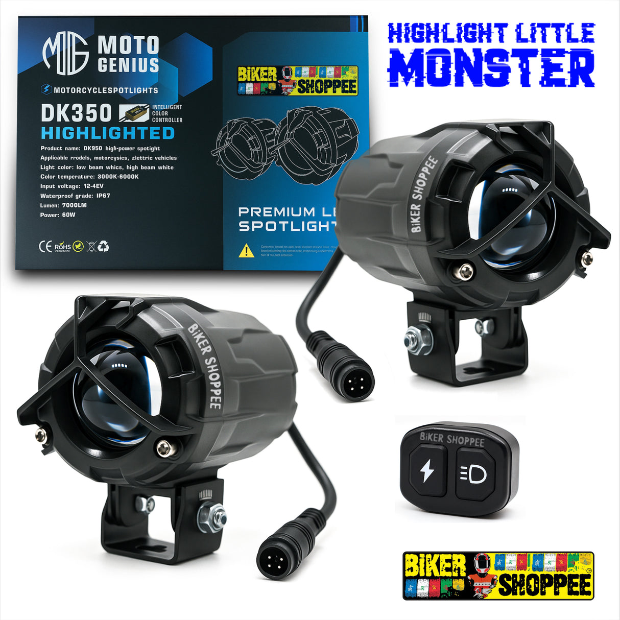 LITTLE MONSTER DK350 Y MONO LENS LED FOG LIGHT WITH WIREHARNESS AND WIRELESS SWITCH