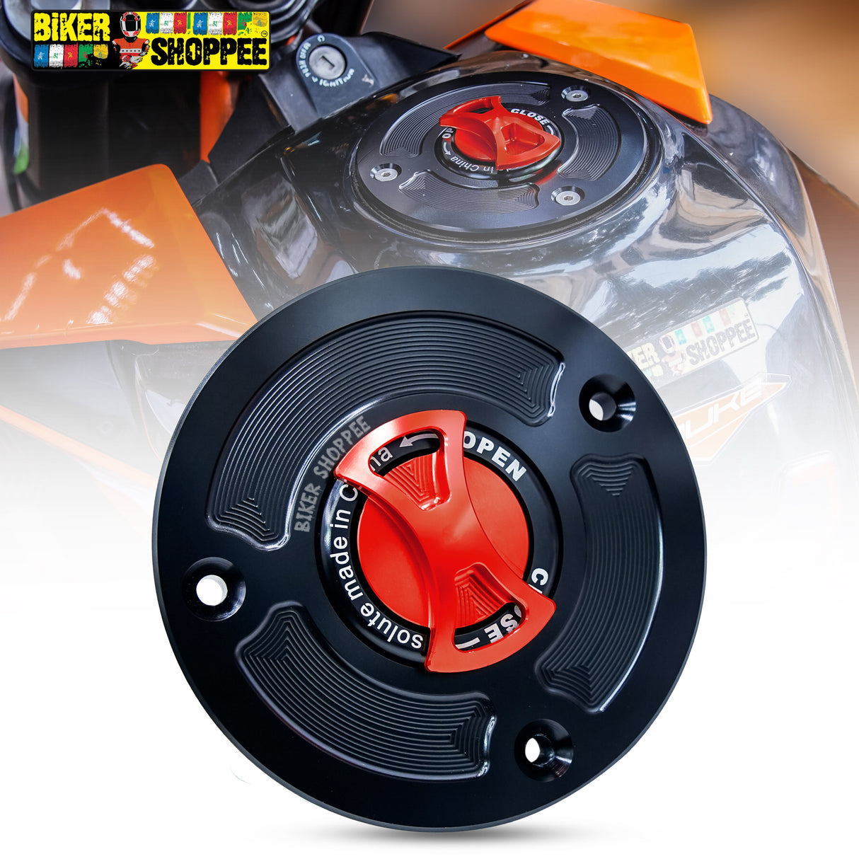 CNC Keyless Quick Release Fuel Tank Cap Orange and Black for KTM Duke 390 with Biker Shoppee Sticker