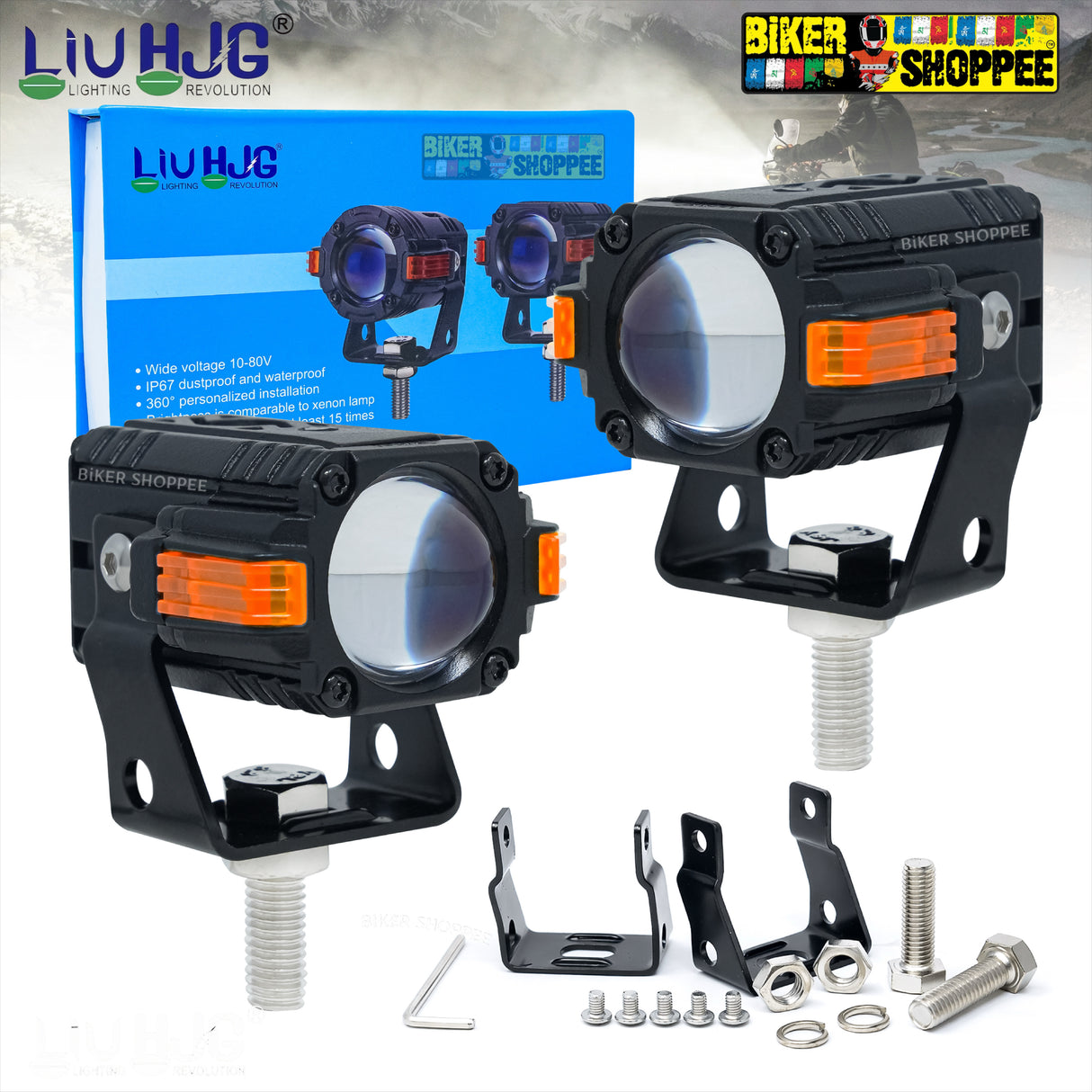LIU HJG S-83 TITAN Motorcycle Fog Lights 80W Yellow White Beam With Red Devil Eye And DRL Indicator Mounting Brackets Original Biker Shoppee.