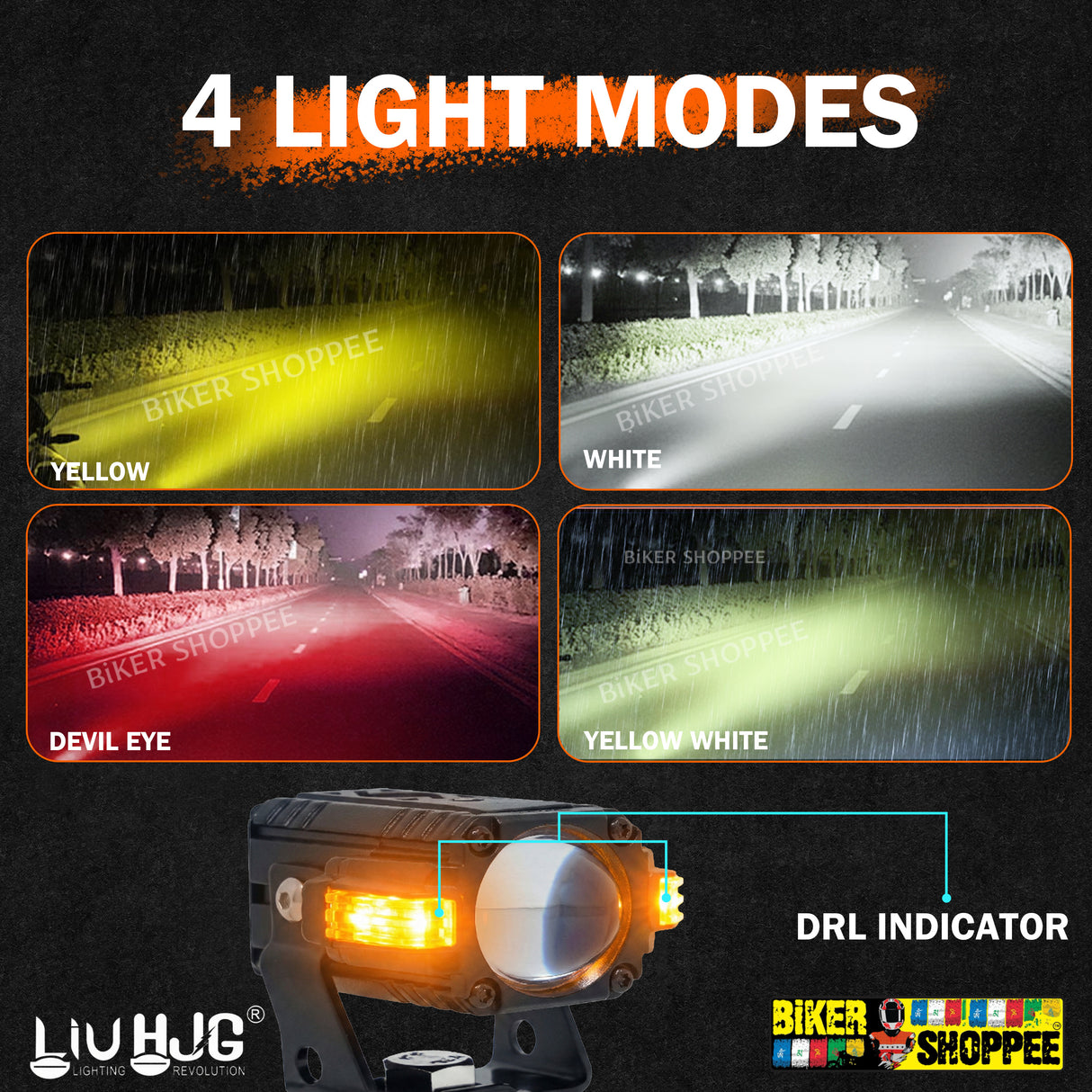 LIU HJG S-83 TITAN Motorcycle Fog Lights 80W Yellow White Beam With Red Devil Eye And DRL Indicator Mounting Brackets Original Biker Shoppee.