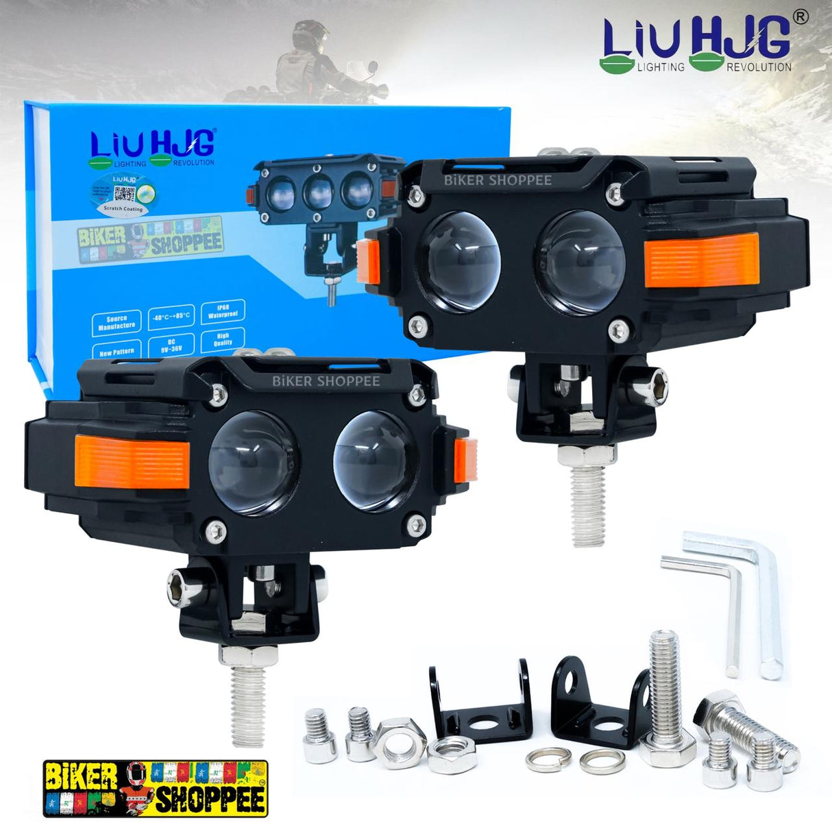 LIU HJG TWIN STRIKE S60 twin lens motorcycle fog lights with orange side DRL and red devil eye mounting kit original Biker Shoppee