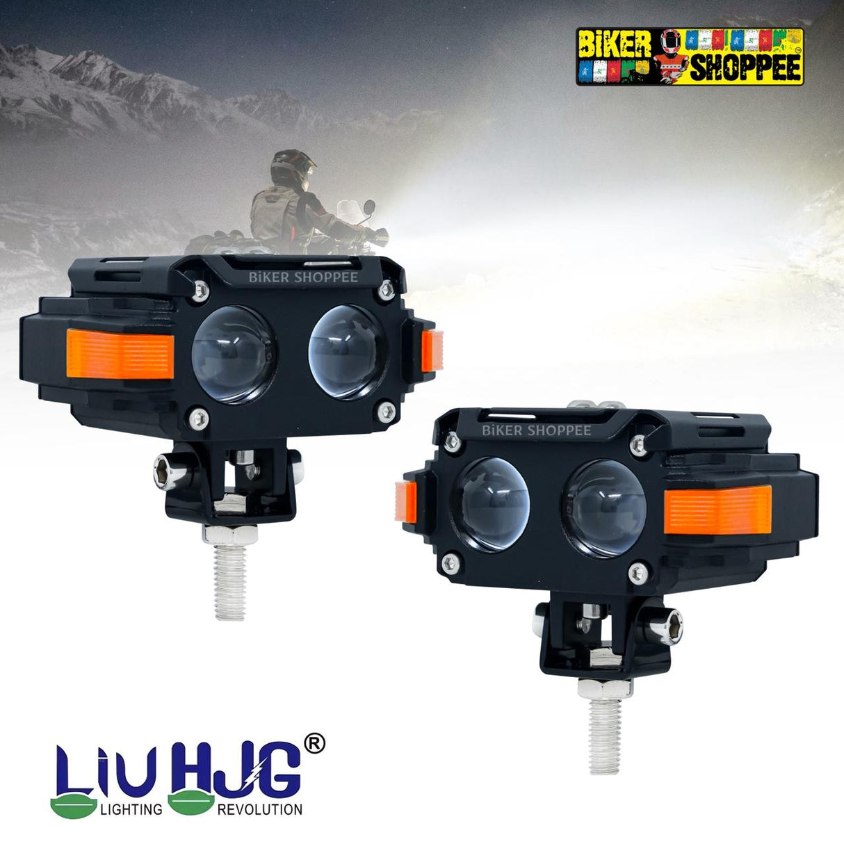 LIU HJG TWIN STRIKE S60 twin lens motorcycle fog lights with orange side DRL and red devil eye mounting kit original Biker Shoppee