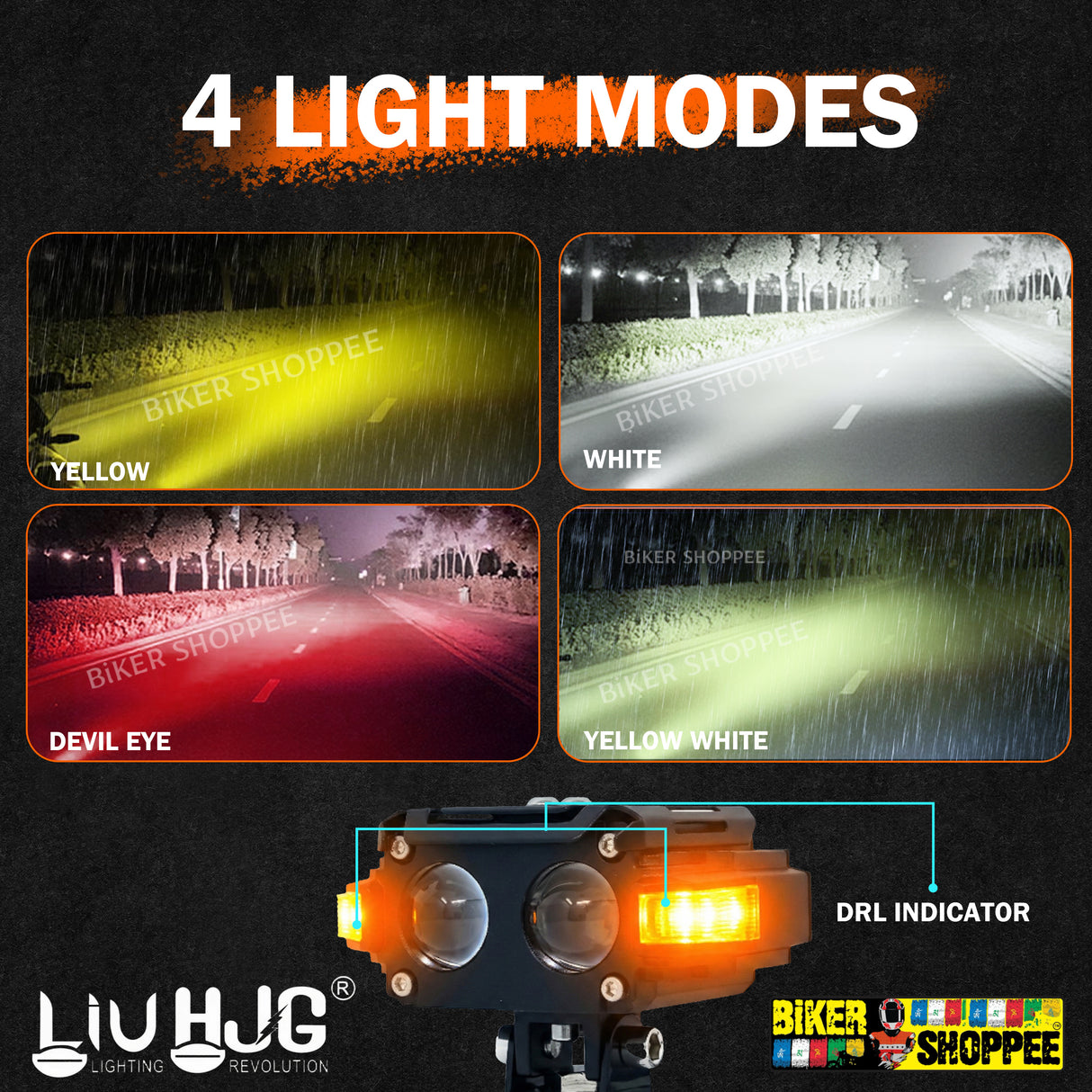 LIU HJG TWIN STRIKE S60 twin lens motorcycle fog lights with orange side DRL and red devil eye mounting kit original Biker Shoppee