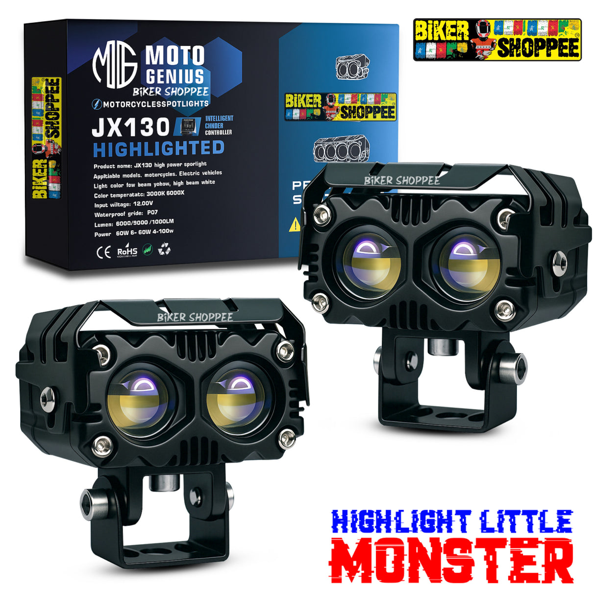 MOTO GENIUS JX130 QUAD SHOT LED FOG LIGHT PAIR | BIKER SHOPPEE