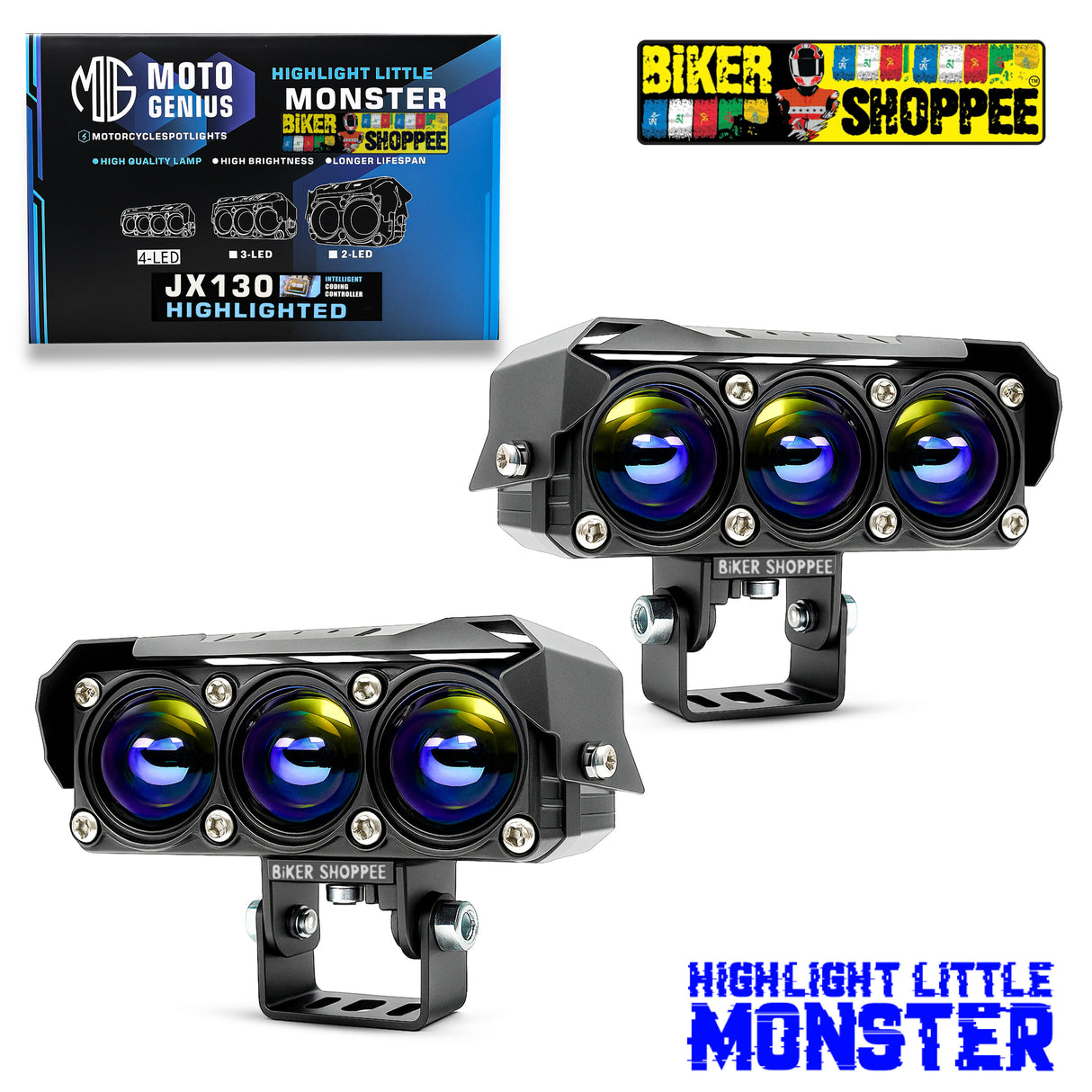 MOTO GENIUS JX130 TRI SHOT 80W LED FOG LIGHT PAIR | BIKER SHOPPEE