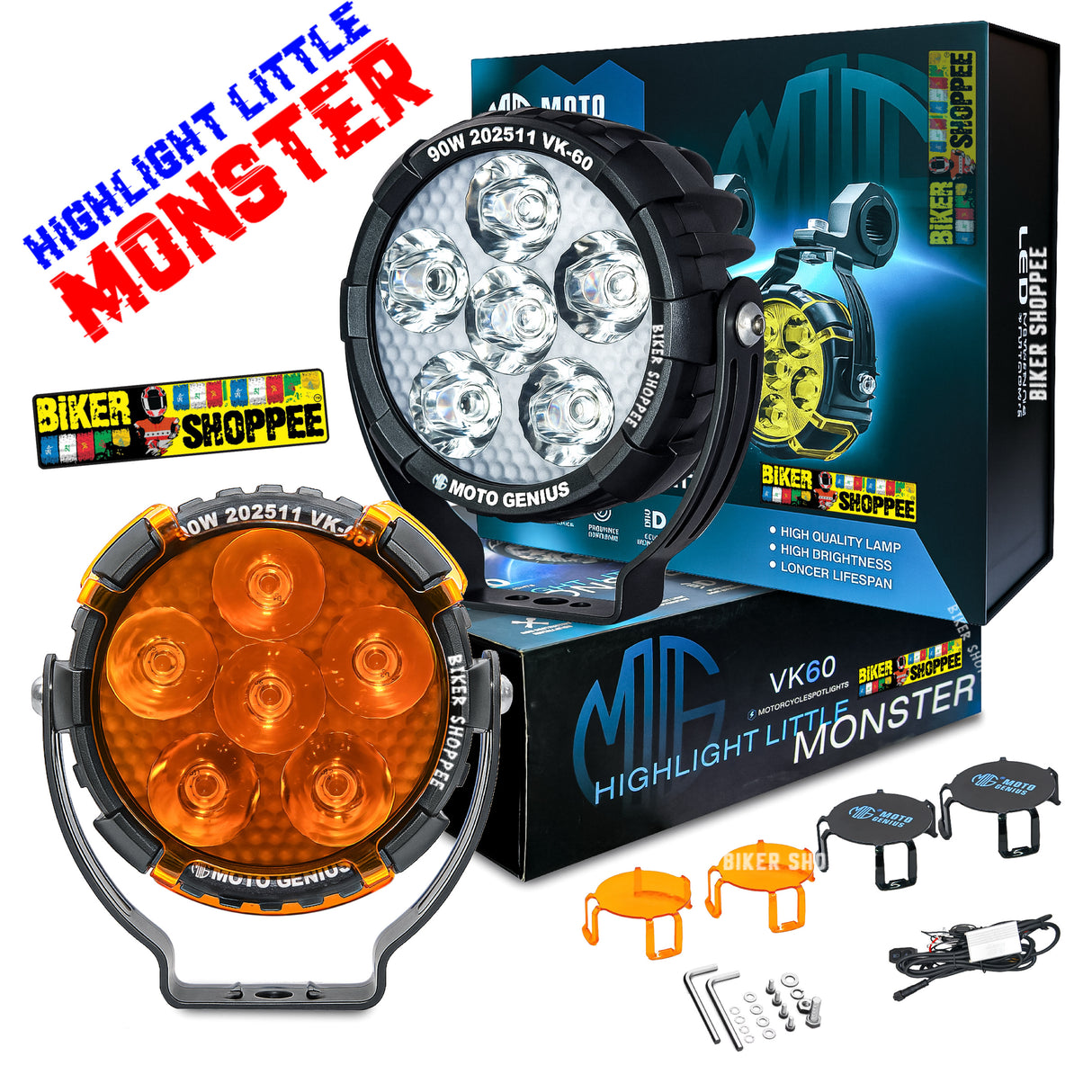 MOTO GENIUS VK60 THUNDER SIX 90W LED FOG LIGHT WITH WIRING HARNESS & LED SWITCH | BIKER SHOPPEE
