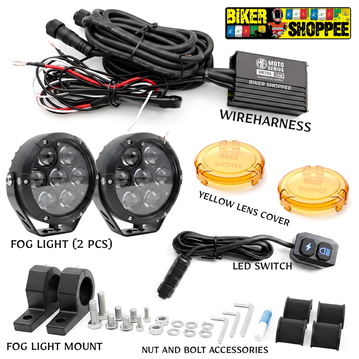 MOTO GENIUS VK700 120W LED FOG LIGHT WITH WIREHARNESS KIT THUNDER DOME 7X | BIKER SHOPPEE