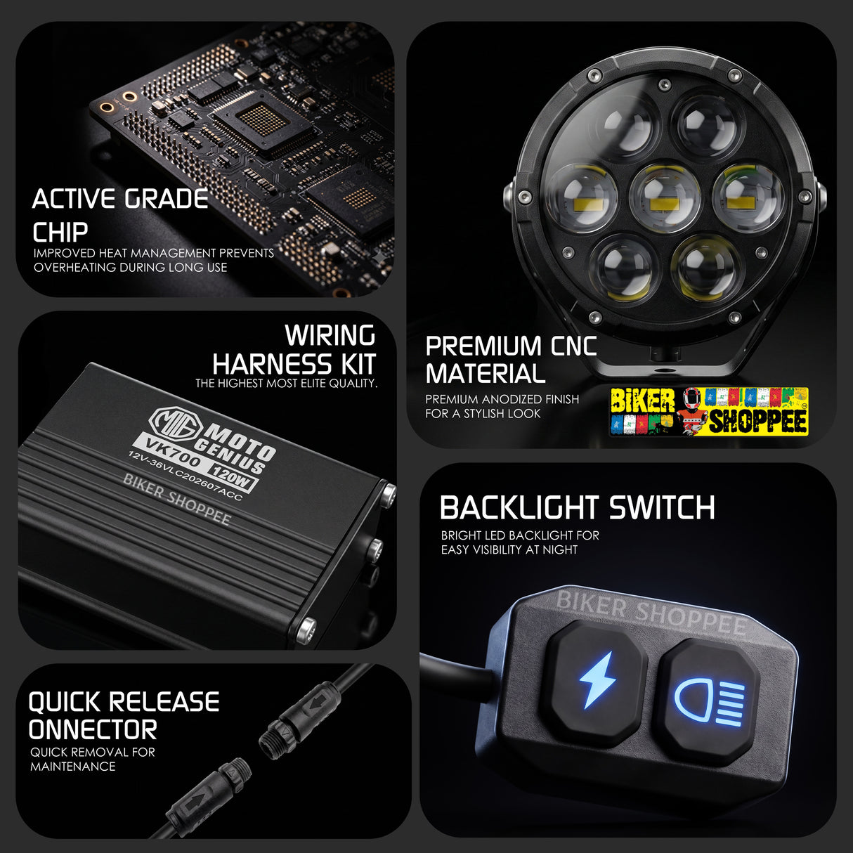 MOTO GENIUS VK700 120W LED FOG LIGHT WITH WIREHARNESS KIT THUNDER DOME 7X | BIKER SHOPPEE