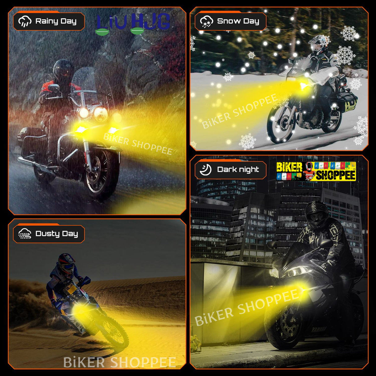 Liu HJG LED auxiliary lights for bikes - All-weather performance test in rain, snow, and night by Biker Shoppee.
