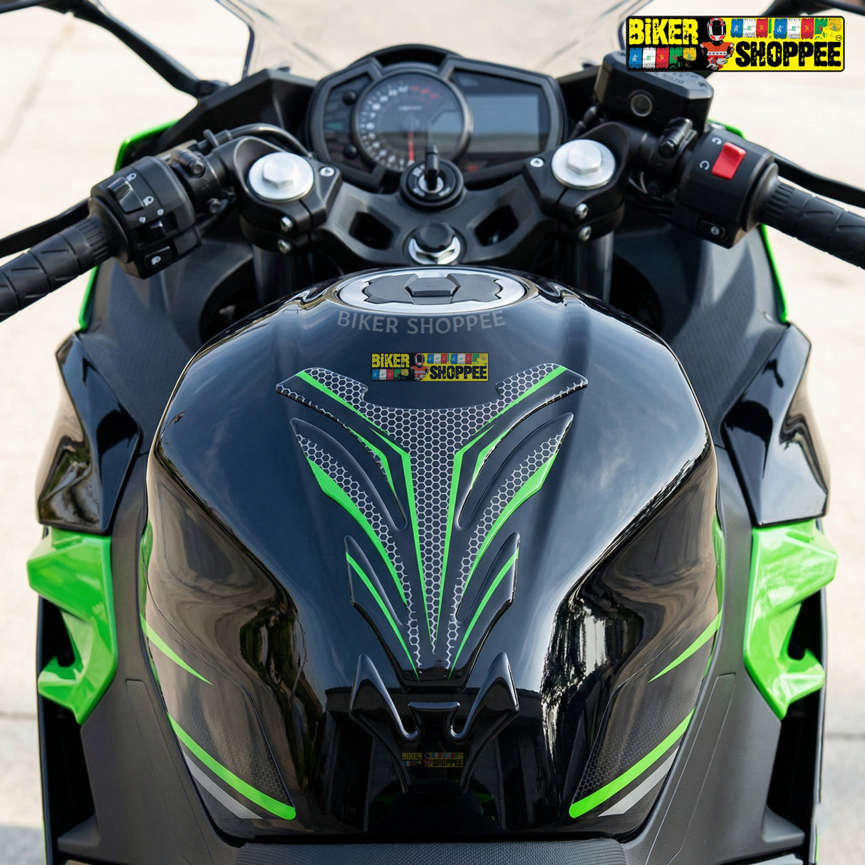 Racing carbon fiber motorcycle tank pad with red outline for Kawasaki Ninja, DUCATI and Yamaha R1 sports bike fuel tank protection Biker Shoppee