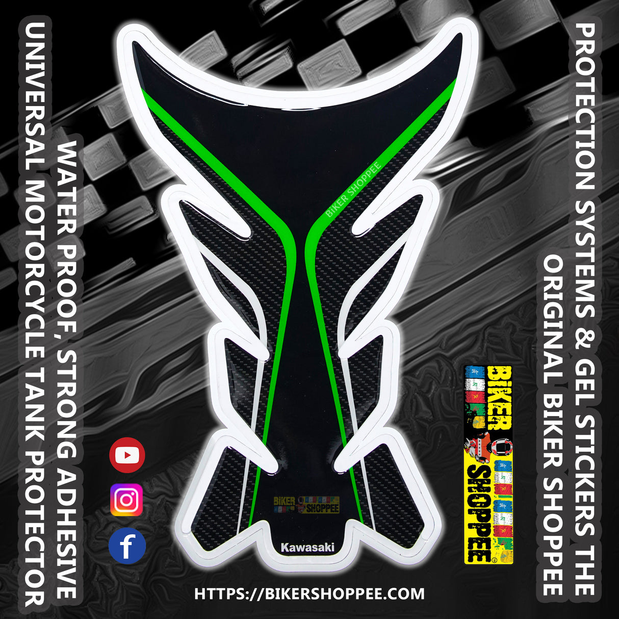 Universal motorcycle tank pad black and green honeycomb texture gel sticker with Biker Shoppee branding