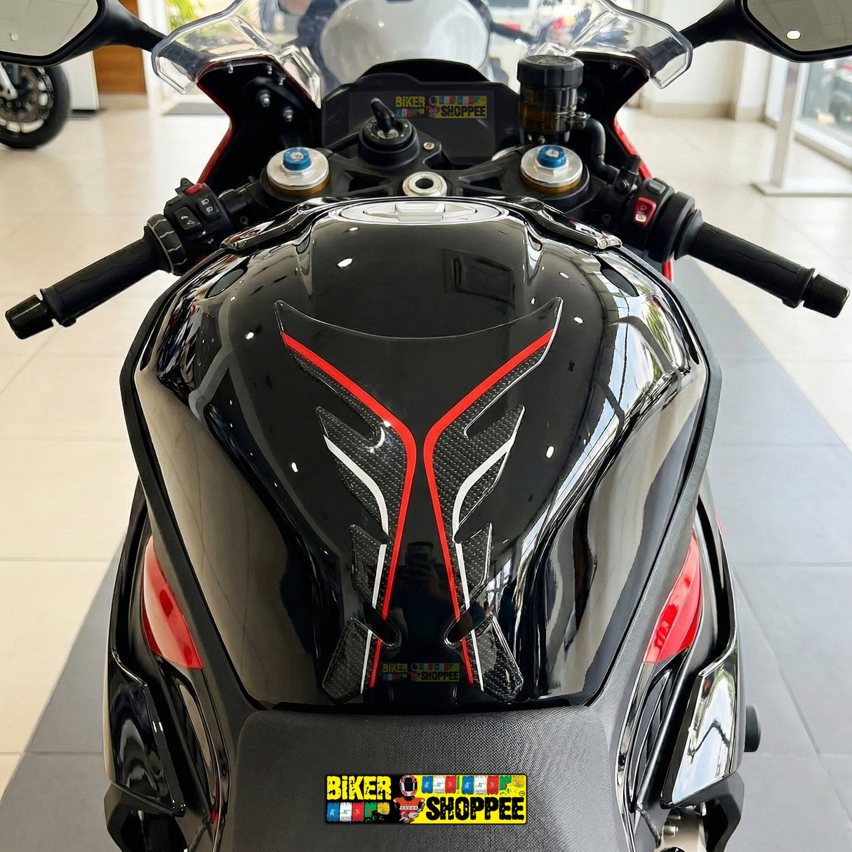 Racing carbon fiber motorcycle tank pad with red outline for Kawasaki Ninja, DUCATI and Yamaha R1 sports bike fuel tank protection Biker Shoppee