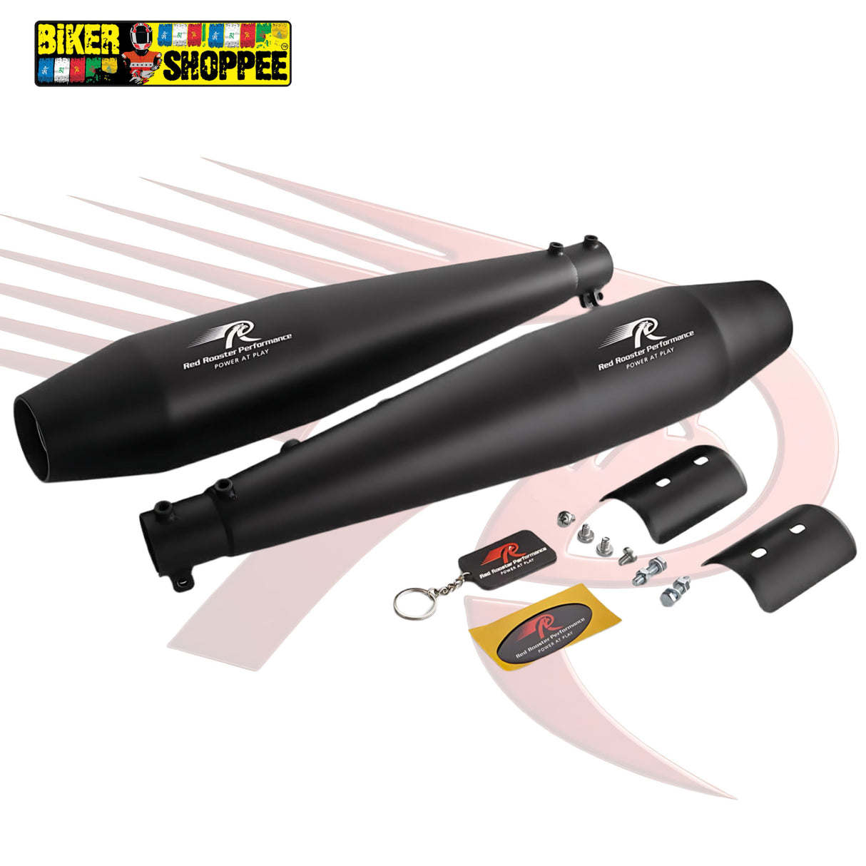Red Rooster Performance Exhaust for Royal Enfield Interceptor 650 BLACK .. Black motorcycle exhaust pipes with accessories on a white background, featuring 'Biker Outfitters Shoppee' logo.