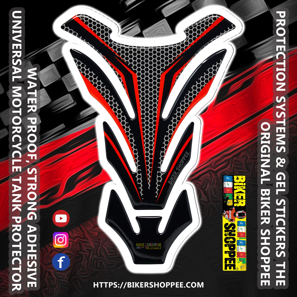 Racing carbon fiber motorcycle tank pad with red outline for Kawasaki Ninja, DUCATI and Yamaha R1 sports bike fuel tank protection Biker Shoppee