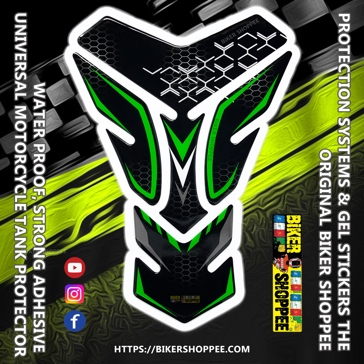 Universal motorcycle tank pad black and green honeycomb texture gel sticker with Biker Shoppee branding