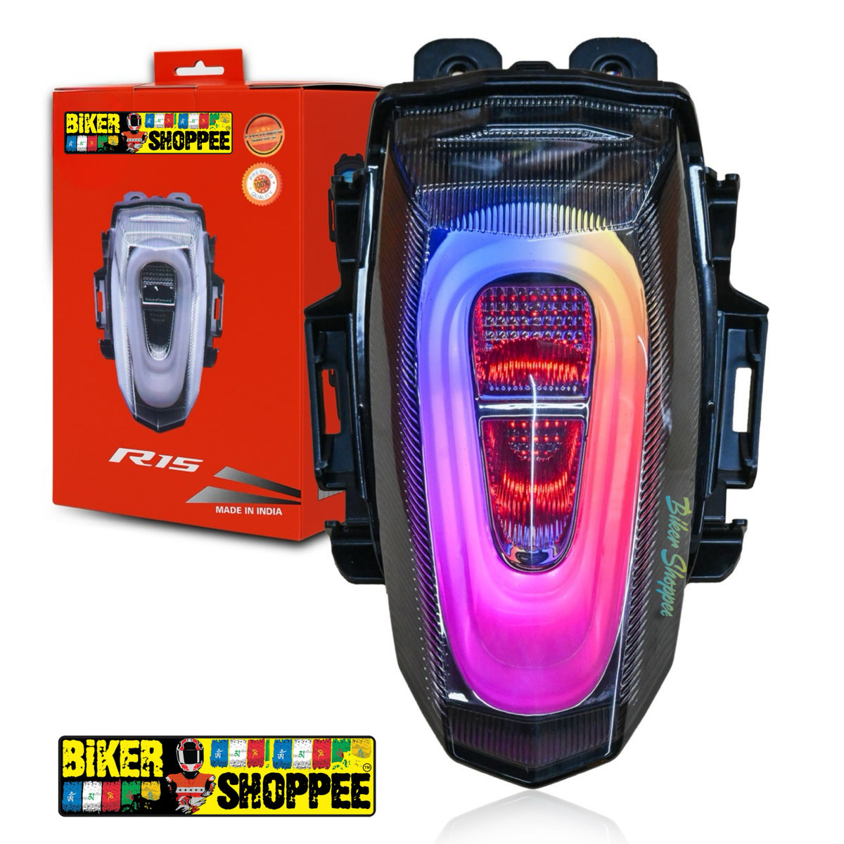Motorcycle tail light with colorful design next to its packaging on a white background