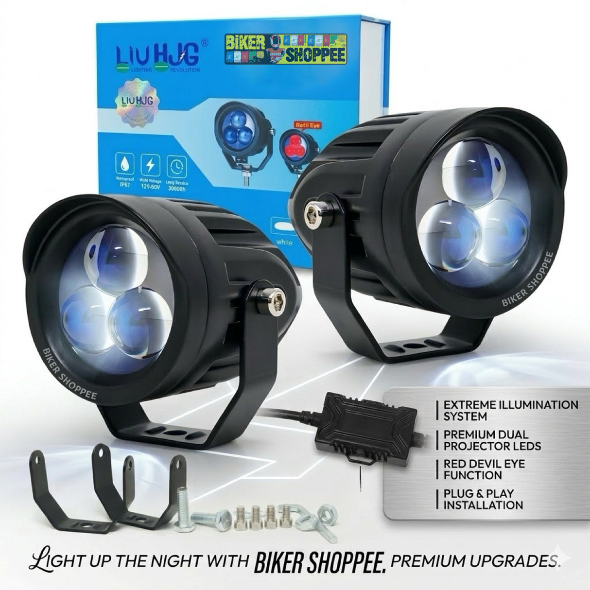 LIU HJG 3 LED trident projector fog light white yellow beam with red devil eye anti glare visor and external driver original Biker Shoppee