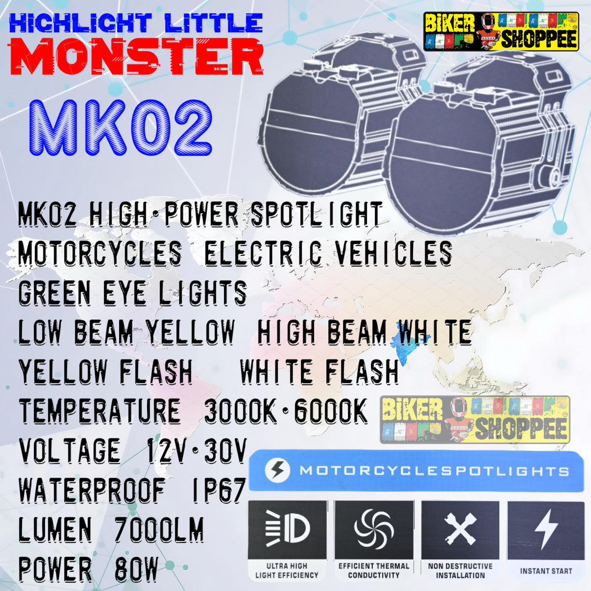 MOTO GENIUS MK02 80W LED SPOTLIGHT FOG LIGHT PAIR WITH WIRING HARNESS & LED SWITCH | BIKER SHOPPEE