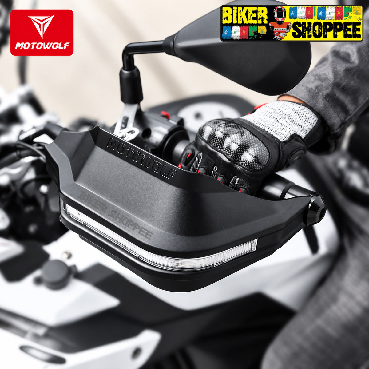 MOTOWOLF UNIVERSAL MOTORCYCLE HAND GUARD WITH WHITE & YELLOW DRL LIGHT | BIKER SHOPPEE