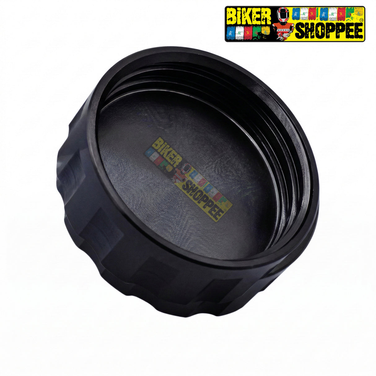 Black oil cap with 'Biker Shoppee' branding on a white background