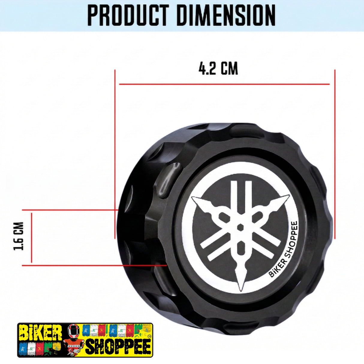Black product with white logo and dimensions labeled, featuring Biker Shoppee branding.