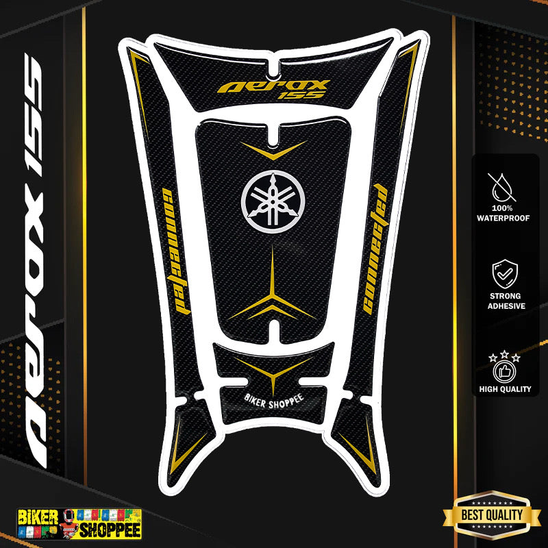 Yamaha Aerox 155 center tunnel tank pad sticker carbon fiber texture with yellow accents and Biker Shoppee logo