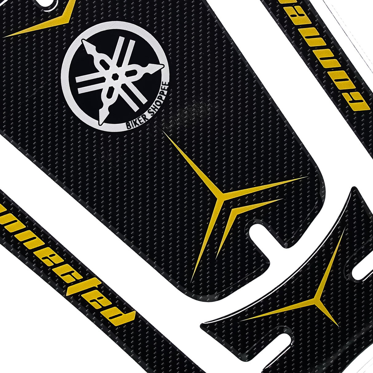 Yamaha Aerox 155 center tunnel tank pad sticker carbon fiber texture with yellow accents and Biker Shoppee logo