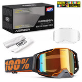 ARMEGA Biker Shoppee snow goggles with a reflective orange, yellow, and blue mirrored lens, shown alongside its black retail box, a white lens, a white microfiber cloth, and a Biker Shoppee logo sticker.