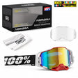 ARMEGA Biker Shoppee motocross goggles with a red and white frame, a reflective rainbow lens, a black and white strap, a clear replacement lens, a microfiber cloth, and the original black packaging box.