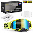ARMEGA Hyper goggles with a bright neon yellow frame, blue-to-yellow mirrored lens, shown with the retail box, a white lens, a microfiber cloth, and a Biker Shoppee logo badge on a white background.