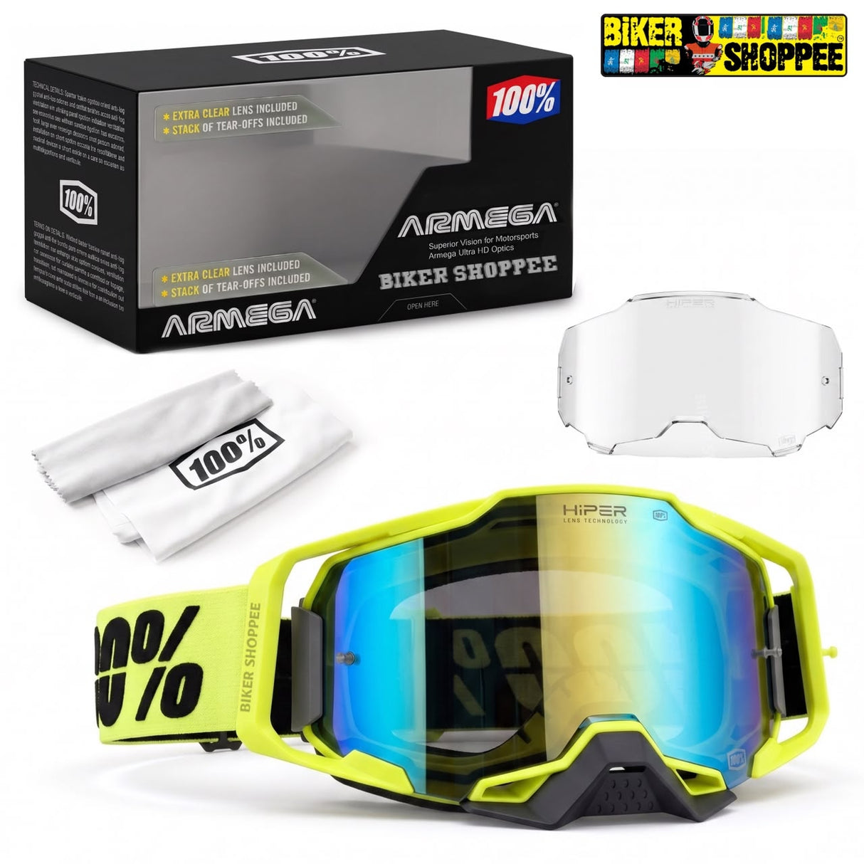 ARMEGA Hyper goggles with a bright neon yellow frame, blue-to-yellow mirrored lens, shown with the retail box, a white lens, a microfiber cloth, and a Biker Shoppee logo badge on a white background.