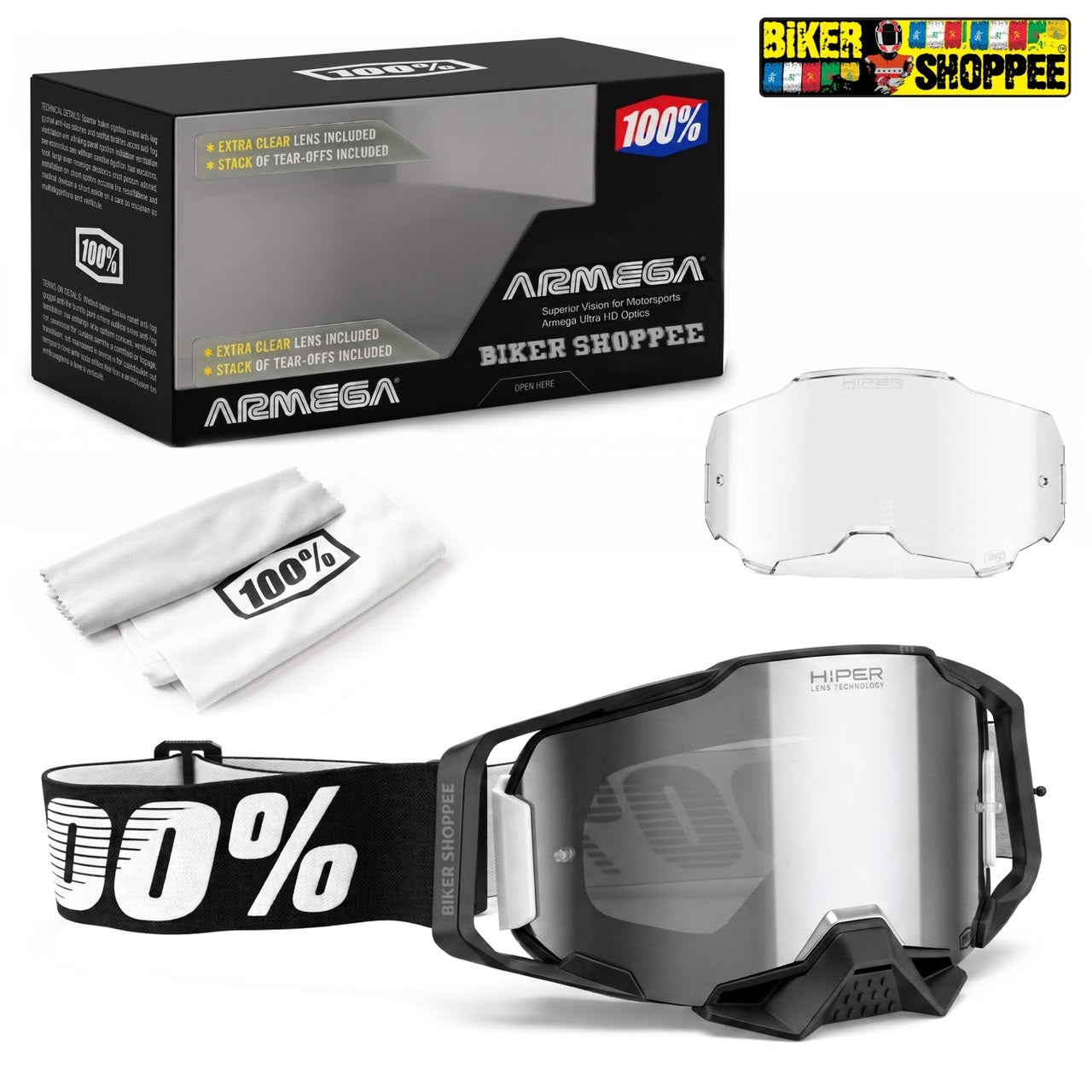ARMEGA 100% extra large snow goggles with a black frame, clear lens, black and white strap, shown with the retail box, lens, and cleaning cloth on a white background.