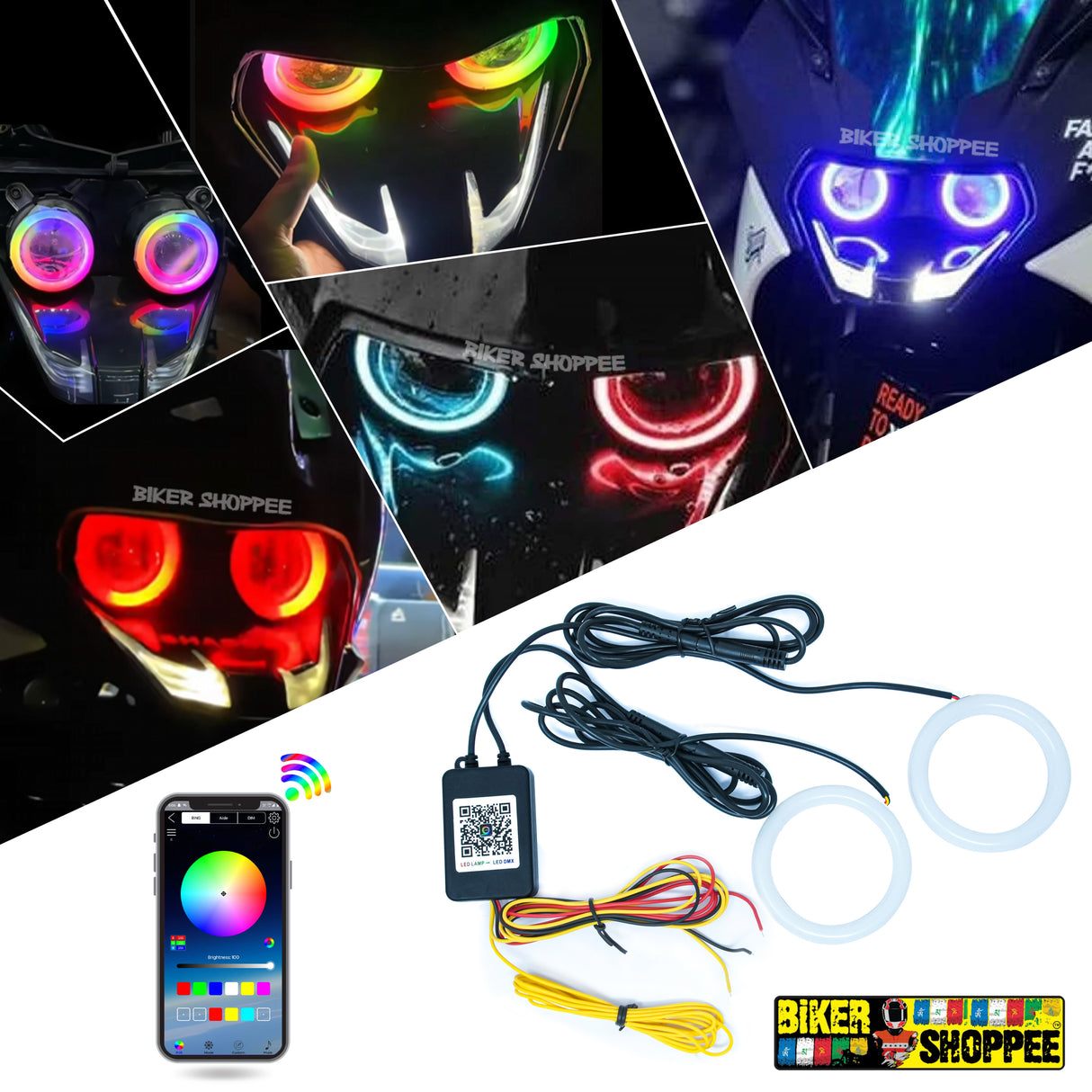 70mm illusion angel eye RGB ring light kit app controlled devil eye for KTM RC 125/200/390 motorcycle projectors original Biker Shoppee