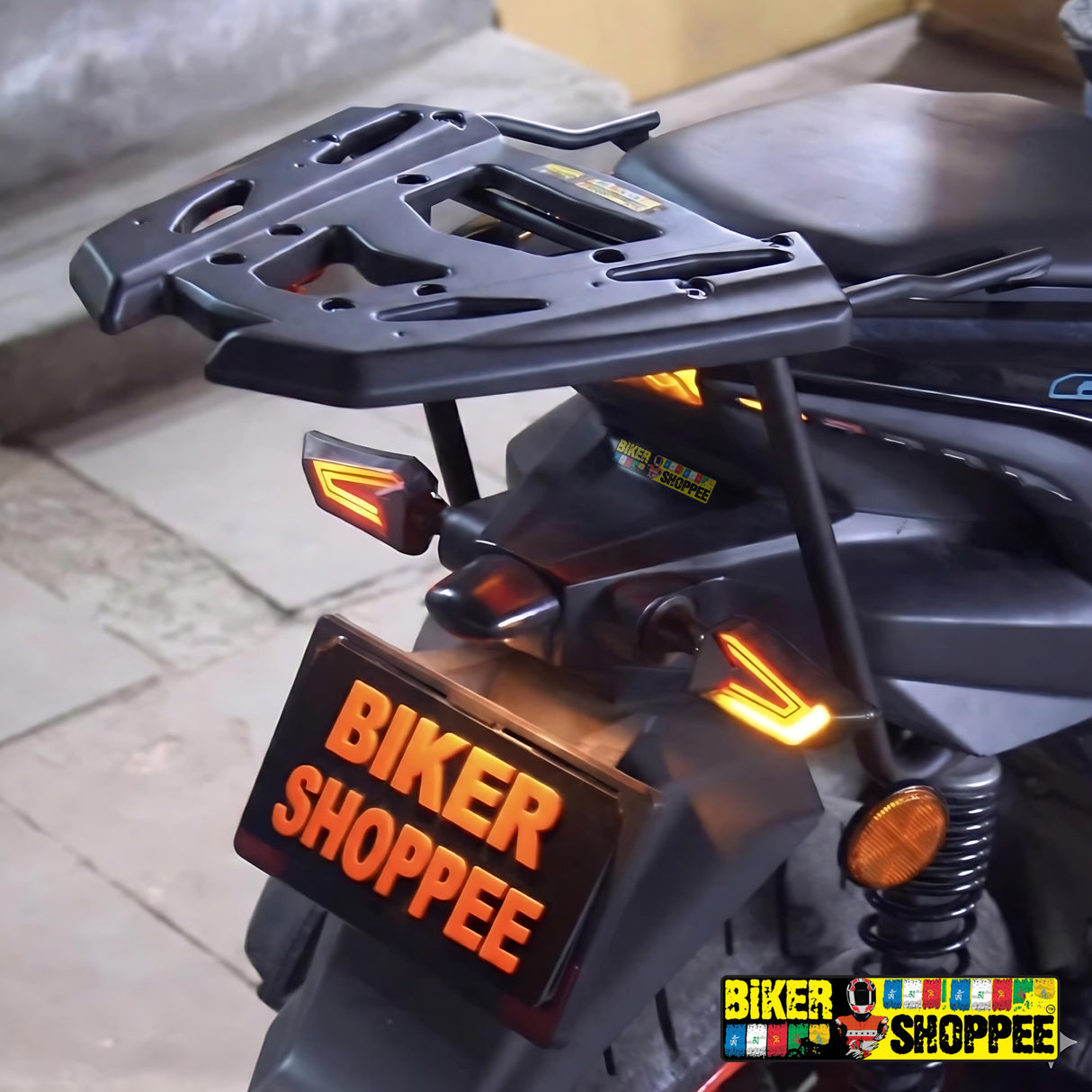 Yamaha Aerox 155 heavy duty top rack backrest carrier matte black with Biker Shoppee logo