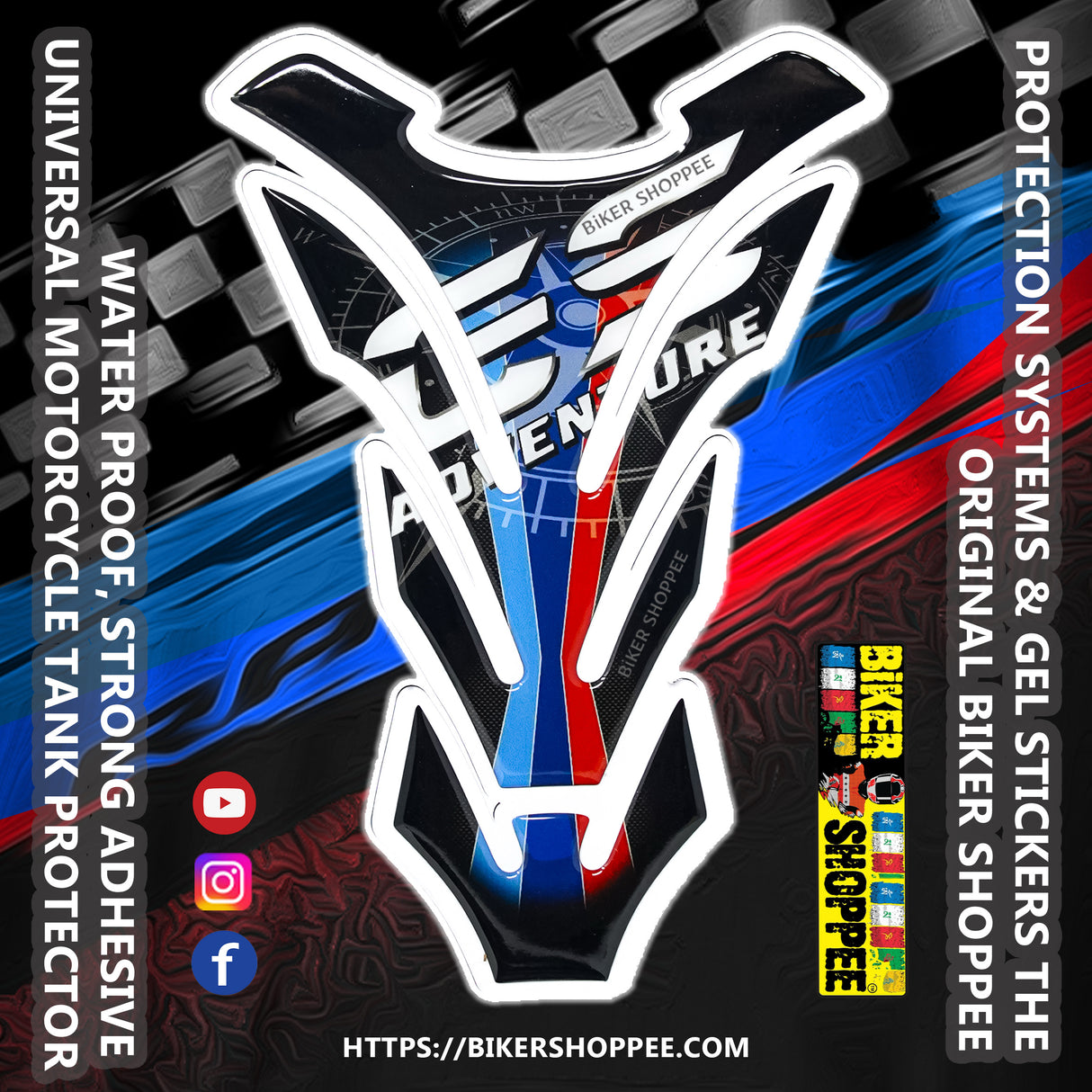 Adventure motorcycle tank pad with compass design and BMW style blue red stripes waterproof gel sticker Biker Shoppee original