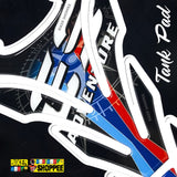 Adventure motorcycle tank pad with compass design and BMW style blue red stripes waterproof gel sticker Biker Shoppee original