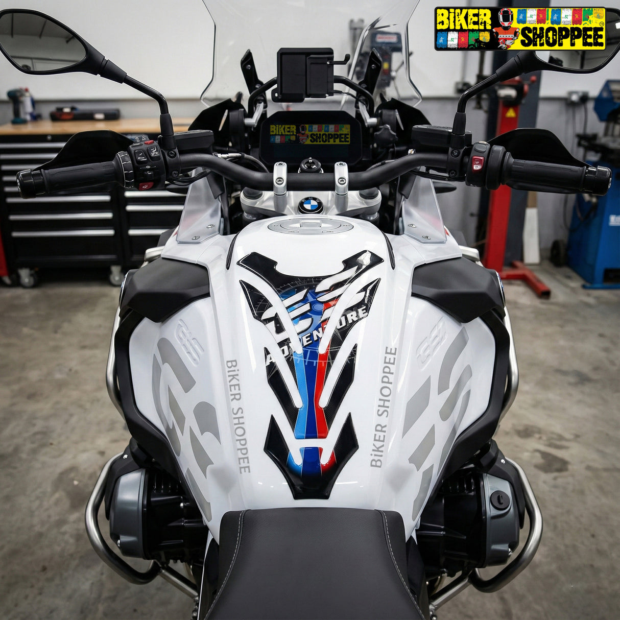 Adventure motorcycle tank pad with compass design and BMW style blue red stripes waterproof gel sticker Biker Shoppee original